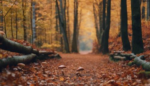 A route through an autumnal forest, where the ground is littered with brightly colored leaves and mushrooms.