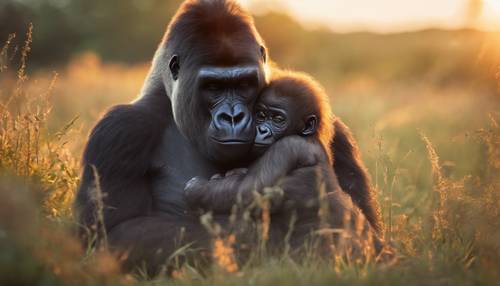 这是一幅温馨的场景：一只大猩猩妈妈在夕阳西下的美丽草地上怀抱着自己的宝宝。