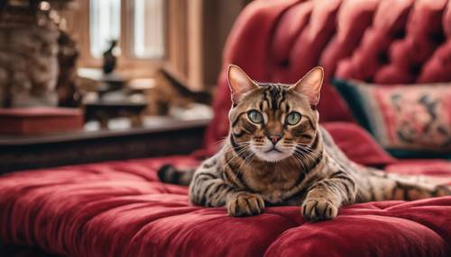 A brown-striped Bengal cat stretching lazily on a plush red velvet cushion with an antique room setting.