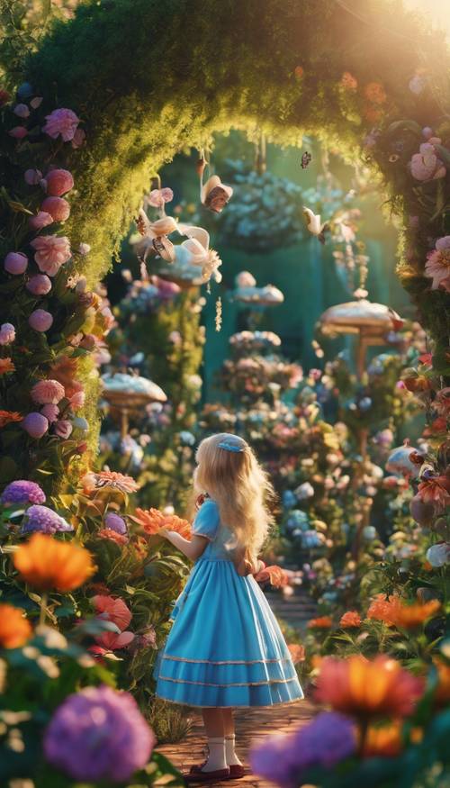 A lush and vibrant garden with colorful flowers that tower over a tiny Alice from Alice in Wonderland".