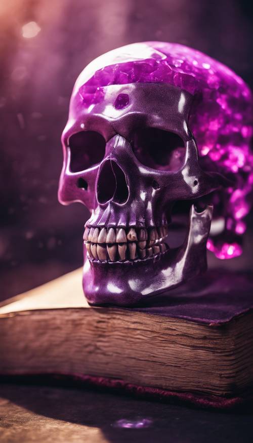 A glowing purple crystal skull on top of an old dusty book