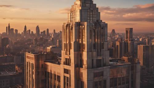 An expansive view of a 1920s art deco skyscraper against a sunset sky. Tapet [b9af19937c7048dda0c4]