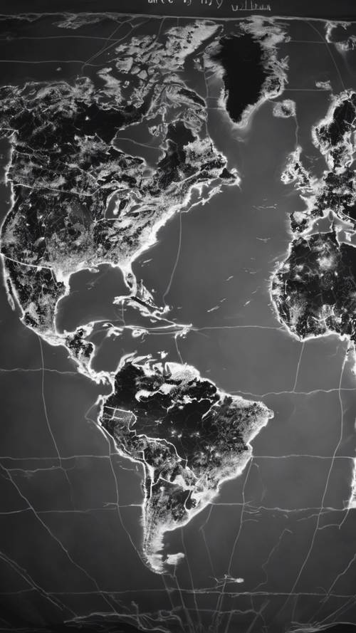 A grayscale world map displayed as a city's lights during a blackout.