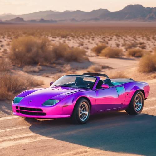 Un&#39;auto sportiva dai colori neon che si muove a grande velocità su una strada deserta