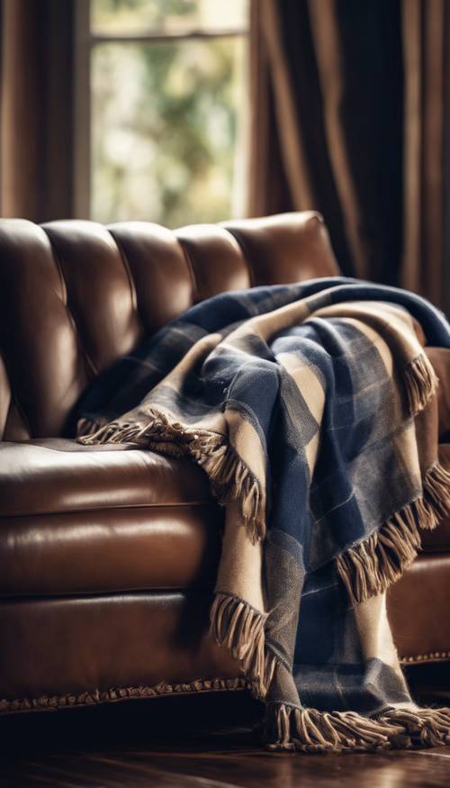 A luxurious Navy Plaid wool blanket artistically draped over a brown leather sofa.