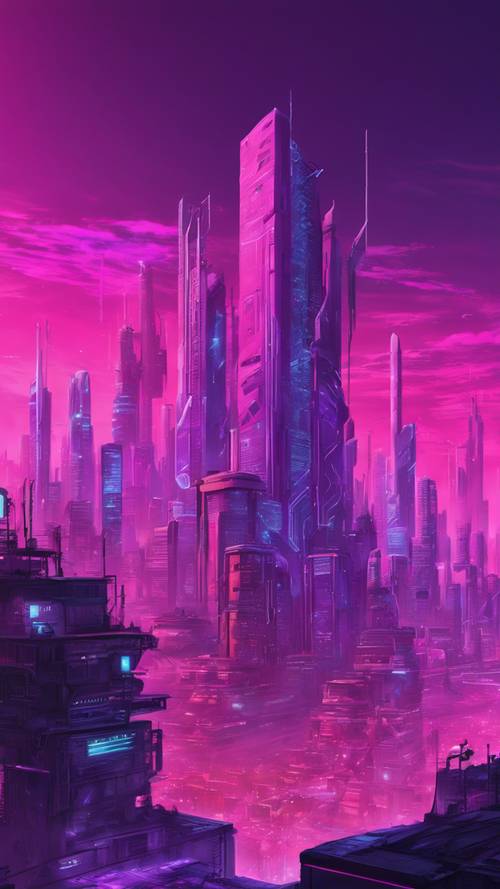 Kota cyber futuristik di senja hari, langit dicat dengan warna ungu dan merah muda.