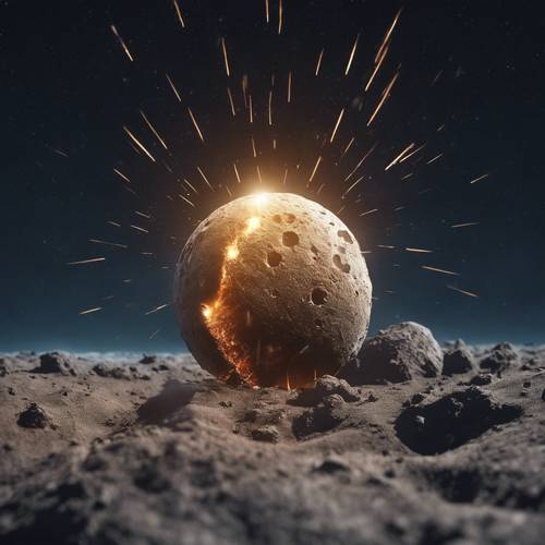 Um meteoro caindo na lua, iluminando a superfície.