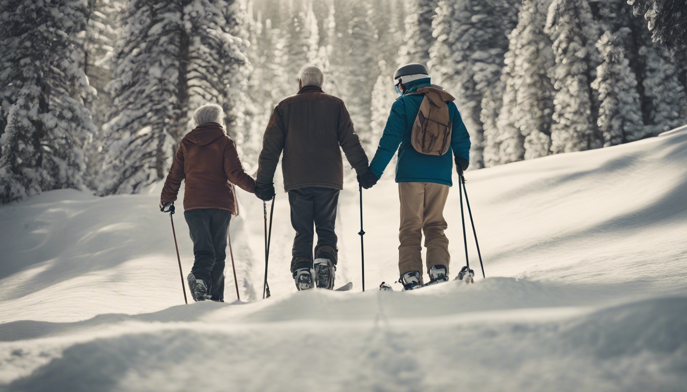 An aged couple holding hands and skiing gently down a quiet forested slope, their ski tracks intertwined. Wallpaper[649bdff9fe2545c28d86]