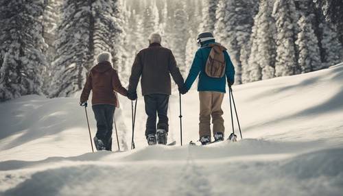 An aged couple holding hands and skiing gently down a quiet forested slope, their ski tracks intertwined.