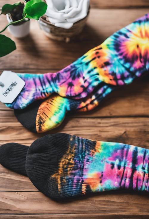 Unisex adult socks with a neon tie dye pattern displayed on a cool rustic table.