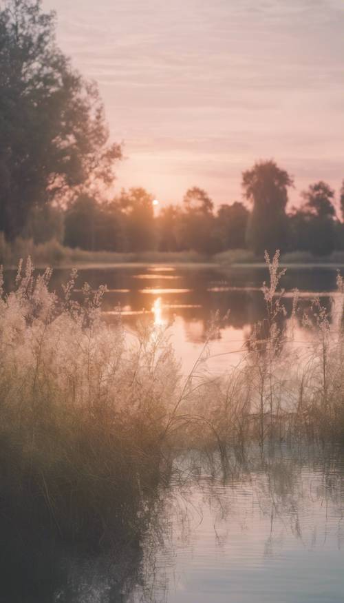 Pôr do sol tranquilo sobre um lago, renderizado em tons pastel abstratos.