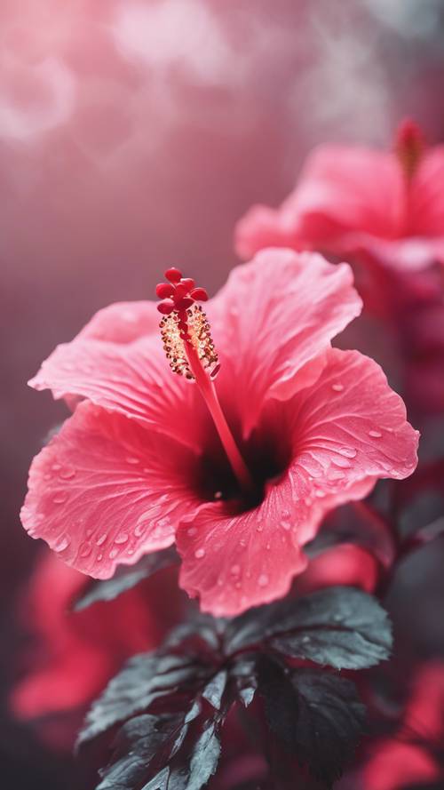 一朵刚刚盛开的芙蓉花，呈现出鲜艳的粉红色和红色，沐浴在温柔的薄雾中。