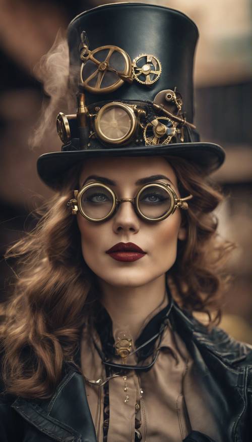 Breathtaking portrait of a Steampunk woman dressed in a pleated leather skirt, tall hat with brass goggles, smoking a vintage pipe.