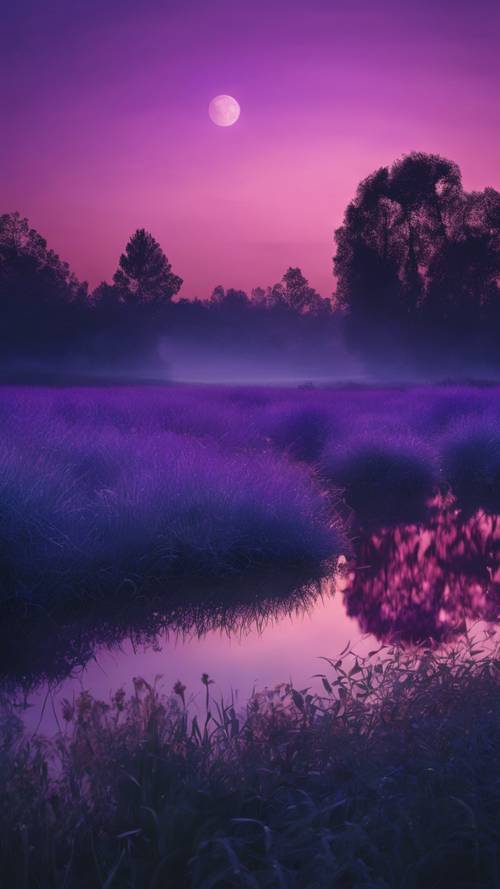 Безмятежный пейзаж под мистическим сумеречным небом с оттенками глубокого синего и яркого фиолетового цвета.