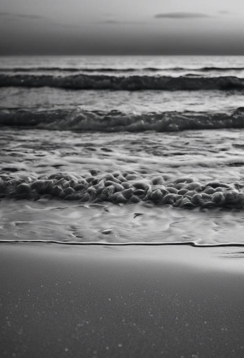 Una tranquila escena nocturna en blanco y negro, que muestra suaves olas rompiendo en una playa de arena bajo la luz de las estrellas.