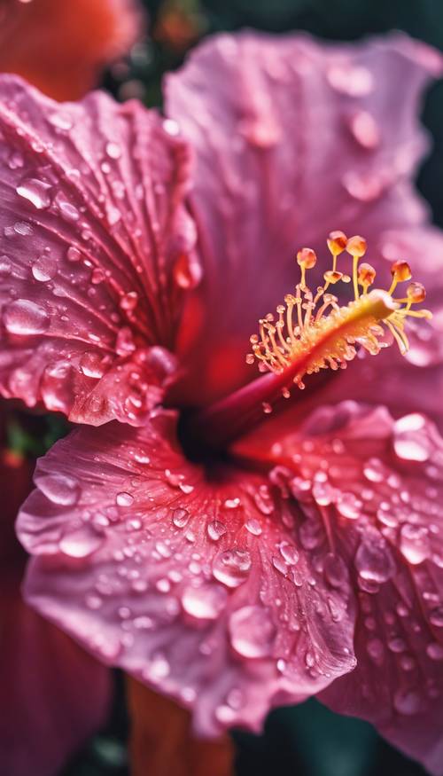 ภาพระยะใกล้ของดอกชบาสีสันสดใสพร้อมหยดน้ำค้างบนกลีบดอก ซึ่งเป็นลักษณะเฉพาะของดอกไม้ในฮาวาย