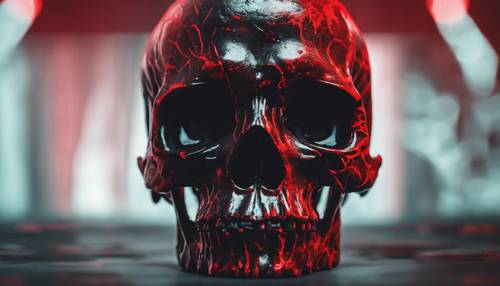 An abstract artistic representation of a red and black skull