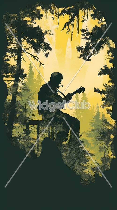 夕焼けの森でギターを弾く人のシルエット
