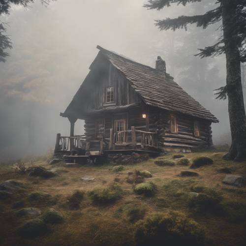 Nevoeiro engolfando uma velha cabana rústica em uma floresta remota.