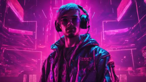 A professional esports player participating in a competitive gaming tournament with a backdrop blending red and purple lighting. Tapeta [1ff386c7ad4243e4a64f]