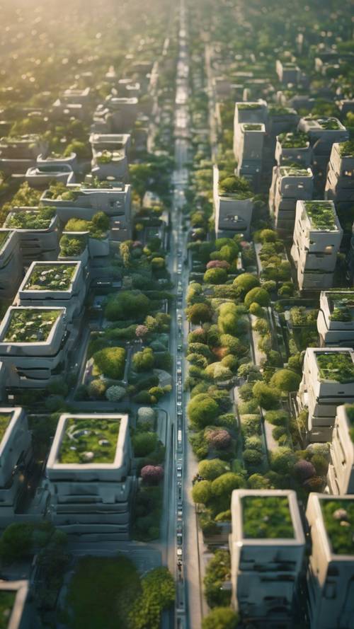 Yeşil bahçelerle kaplı binaları olan, şafak ışığında fütüristik bir şehrin üstten görünümü.