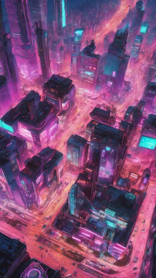 Uma vista aérea de uma cidade cibernética repleta de carros autônomos.