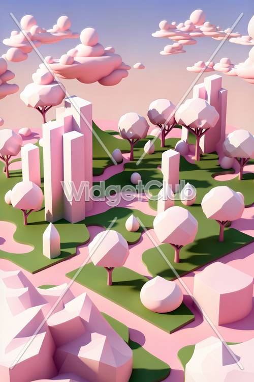 Różowy marzycielski krajobraz z uroczymi drzewami