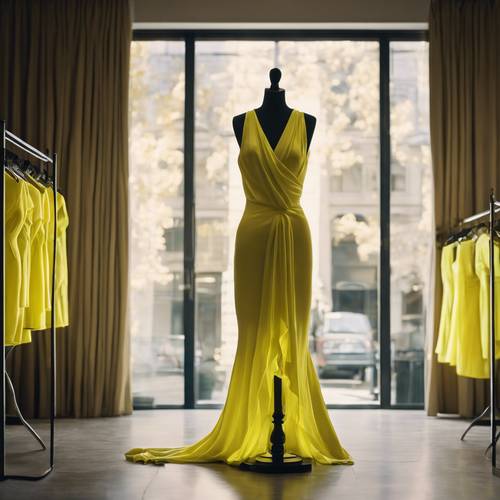 Ein neongelbes Samtkleid, drapiert über einer Designer-Schaufensterpuppe in einer eleganten Modeboutique.