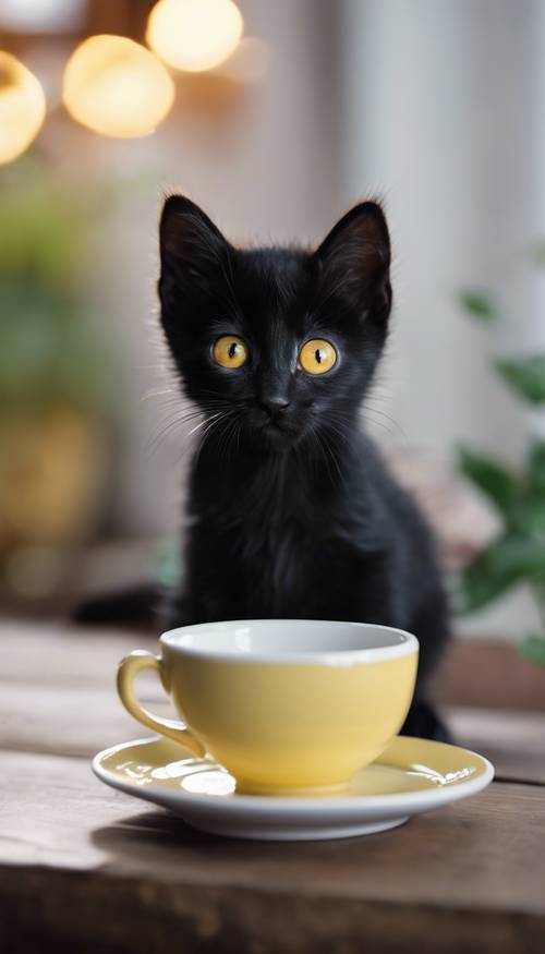 Çarpıcı sarı gözleri olan açgözlü siyah bir kedi yavrusu, bir fincan tabağından hevesle sütü yudumluyor.