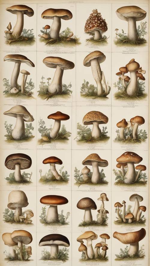 Un cuadro botánico inspirado en el siglo XVIII que muestra varios tipos de hongos con sus clasificaciones científicas.
