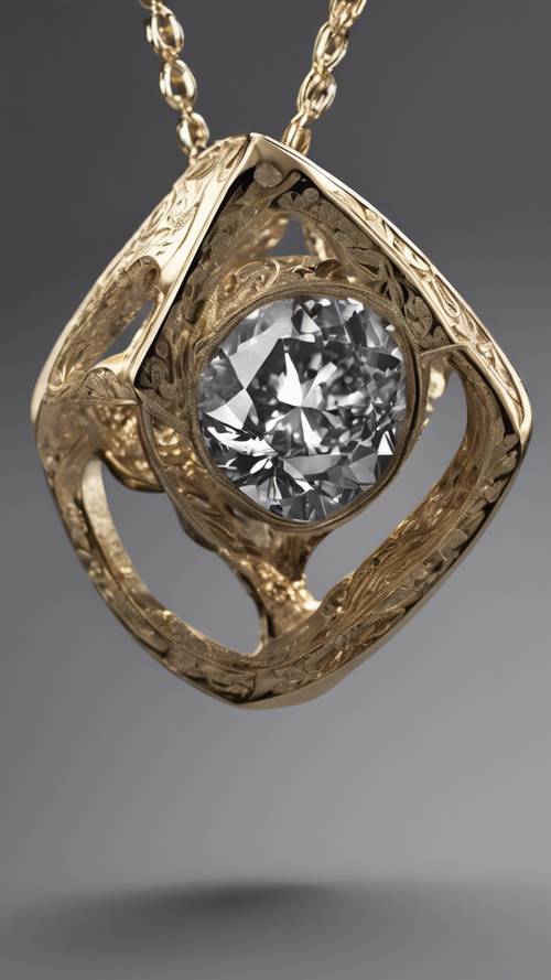 Incisione dettagliata su un diamante grigio incastonato in un pendente d&#39;oro.