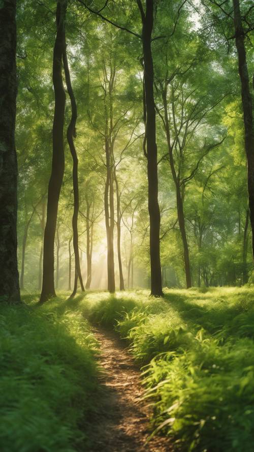 Soczysta, zielona leśna polana chłonąca poranne światło słoneczne.