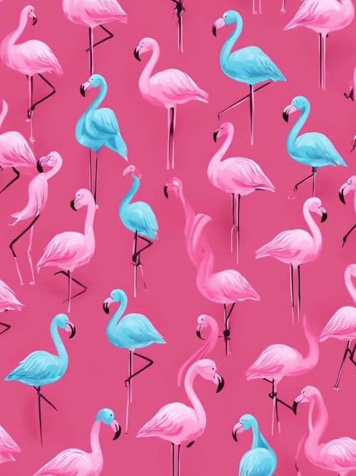 Ein verspieltes Muster aus Cartoon-Flamingos in verschiedenen Posen auf einem bonbonrosa Hintergrund für eine Kindertapete.