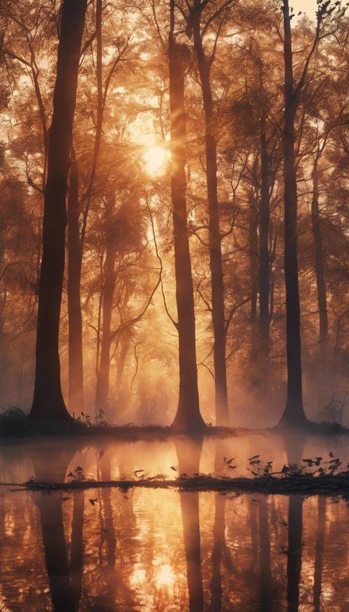 A vibrant sunrise over a serene forest, with trees basking in the morning glow and birds joyfully greeting a new day.