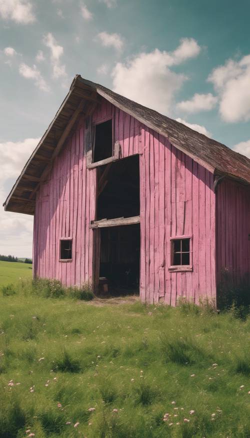Um celeiro rústico com pintura rosa lascada, cercado por um prado verdejante no campo.
