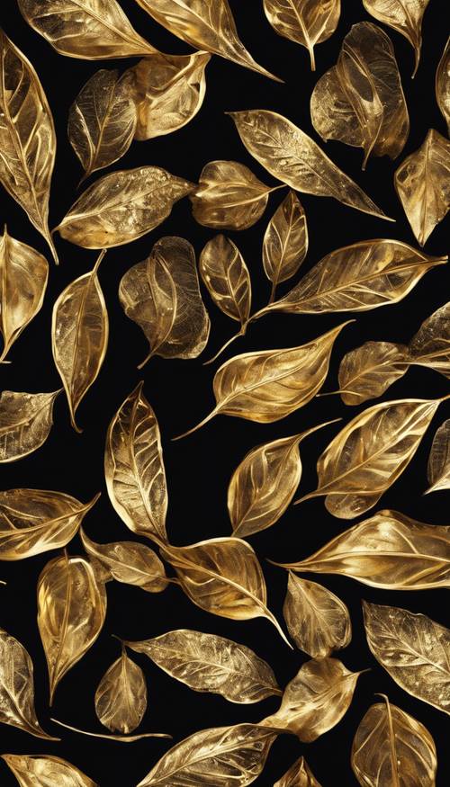 검은 배경에 소용돌이치는 금빛 나뭇잎의 생동감 넘치는 패턴입니다.