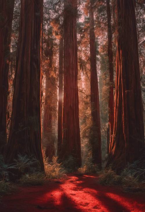 An ancient redwood forest bathed in the red light of a setting sun