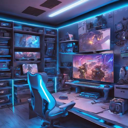Komputer stacjonarny do gier, wypełniony grami w neonowym niebieskim kolorze.