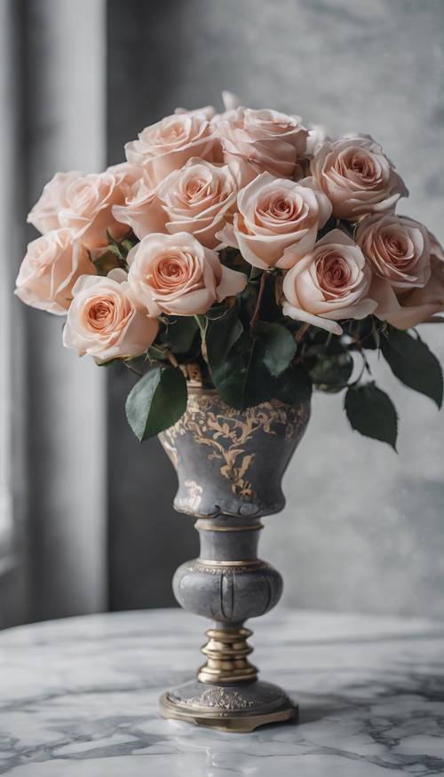 Eine mit Rosen gefüllte Vase auf einem grauen Marmortisch.