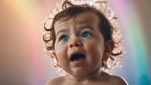 A baby with a surprised expression looking at a rainbow for the first time after a shower.