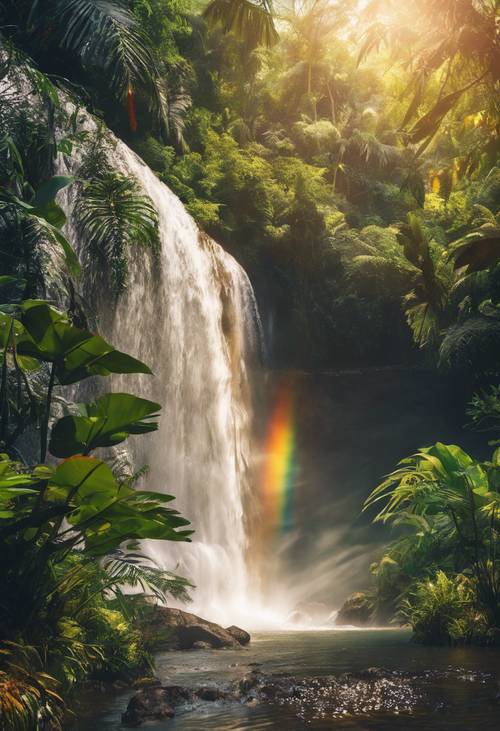 A shimmering rainbow reflecting off a tropical rainforest waterfall.