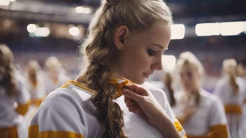 Un momento tranquilo de una animadora atando un amuleto sentimental a su uniforme antes de la competencia.