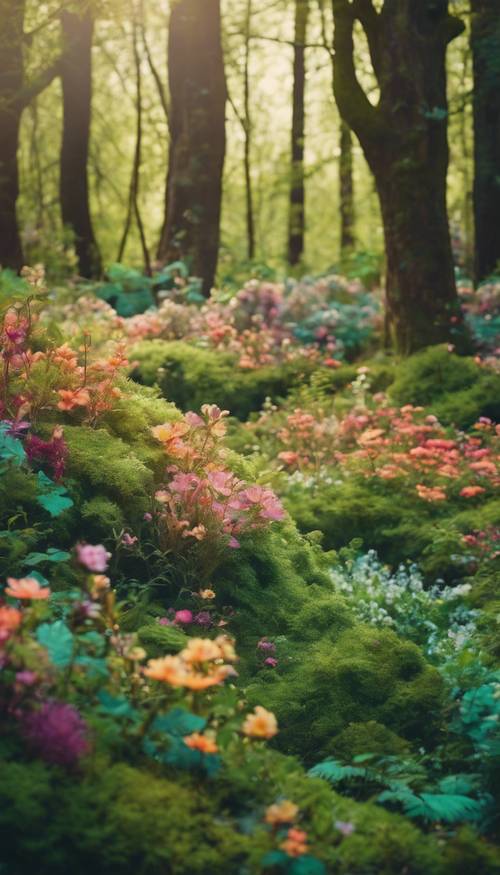 Une forêt fantaisiste et luxuriante au cœur du printemps regorgeant d’une flore vibrante et multicolore.