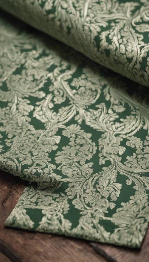 Un&#39;immagine dettagliata di un tessuto damascato verde salvia steso su un tavolo di legno.