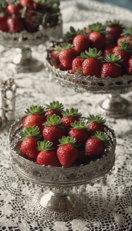An antique silver tray filled with succulent strawberries on a lace tablecloth