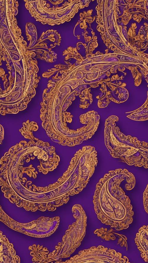 A detailed paisley pattern in rich shades of purple and gold intertwined elegantly.
