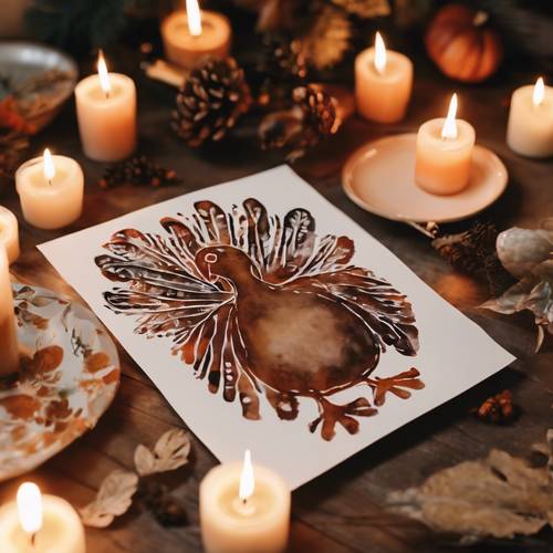 A painted handprint turkey, proudly crafted by a toddler, displayed next to softly flickering candles on a homey Thanksgiving evening. کاغذ دیواری [b0f3281fefc1451da43c]