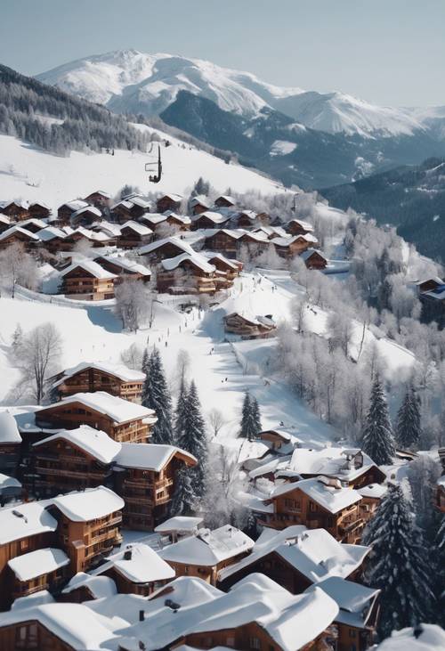 Una vista panoramica di una stazione sciistica alpina, con gli chalet ricoperti di neve e le piste piene di attività.