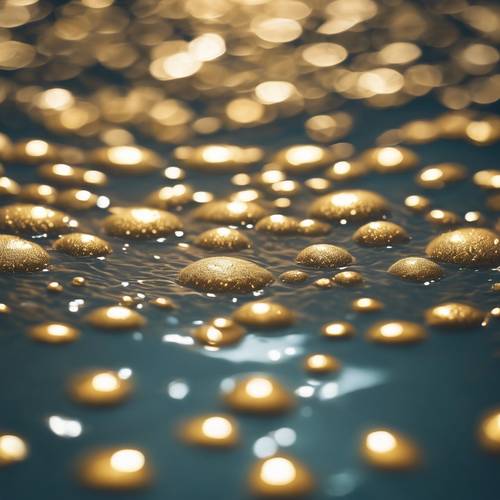 Gambar abstrak titik polka emas berkilauan di permukaan air di bawah sinar matahari.