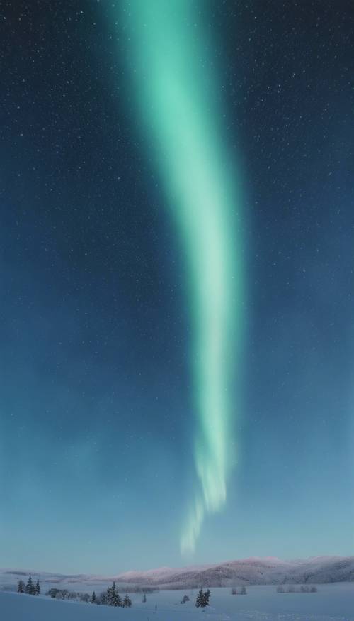 Un cielo azzurro con deboli tracce di aurora boreale che scintillano in lontananza.